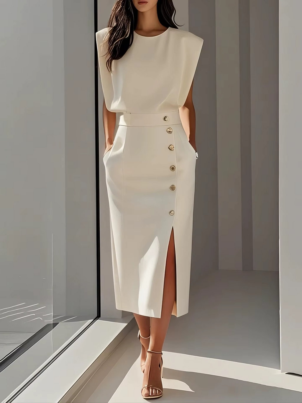 Women's Chic Midi Dress with Gold Buttons and Side Slit