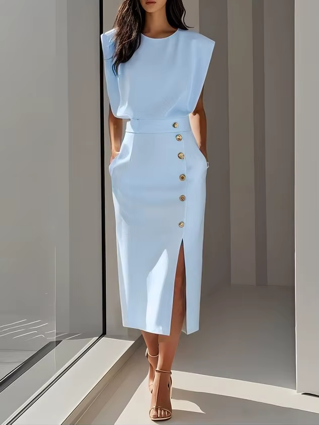 Women's Chic Midi Dress with Gold Buttons and Side Slit