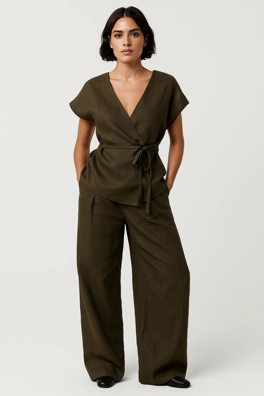 Women's Co Ord Set - Wrap Top and Wide Leg Pants