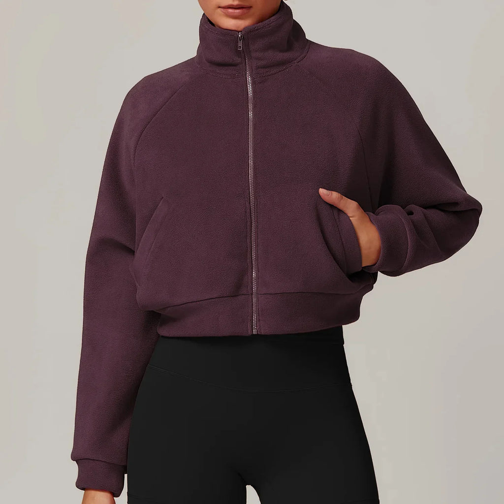 Women's Cropped Fleece Jacket with Stand Collar 1