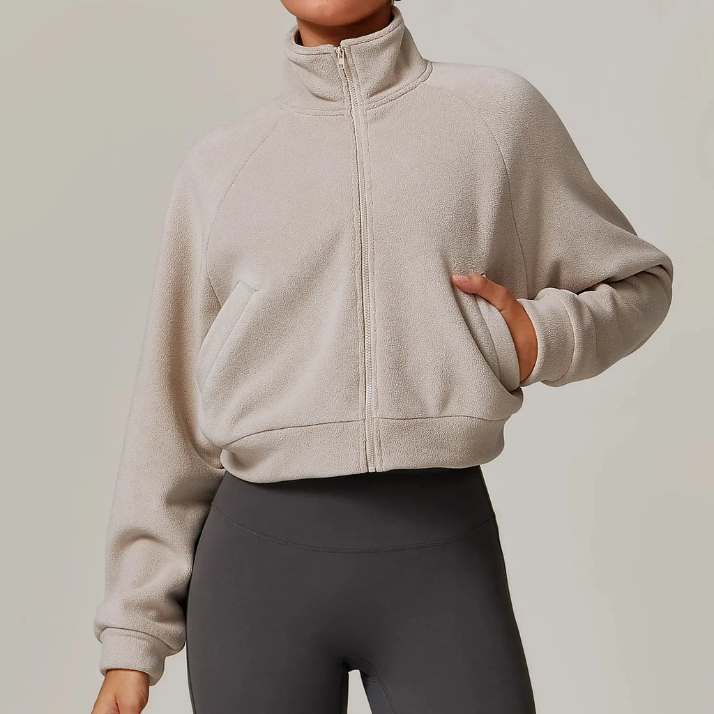 Women's Cropped Fleece Jacket with Stand Collar 2