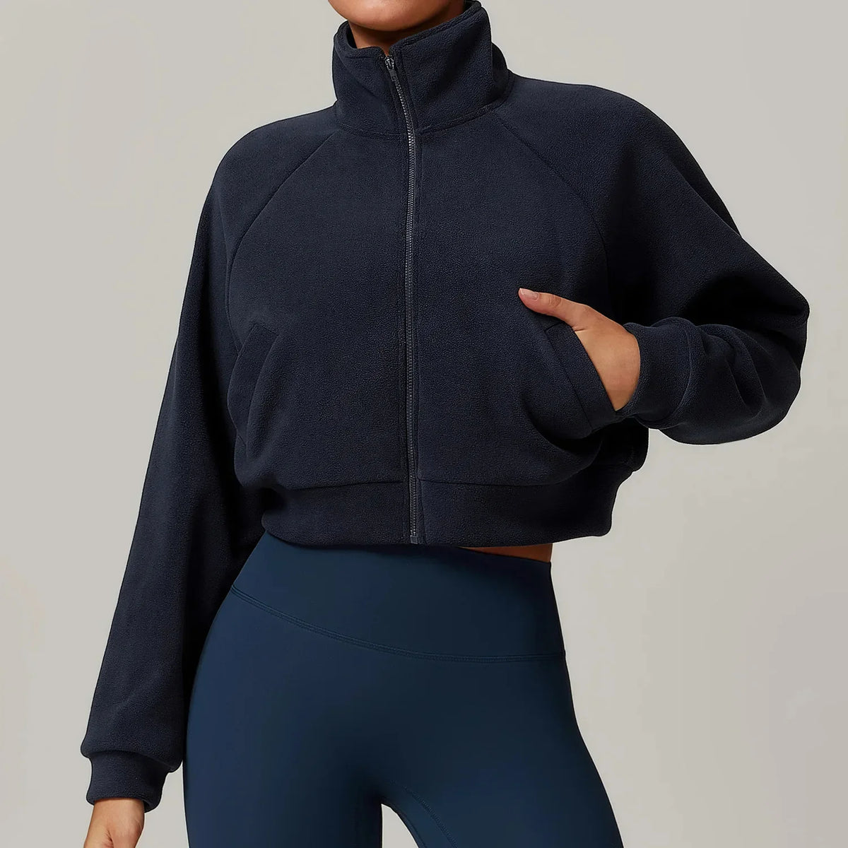 Women's Cropped Fleece Jacket with Stand Collar 3