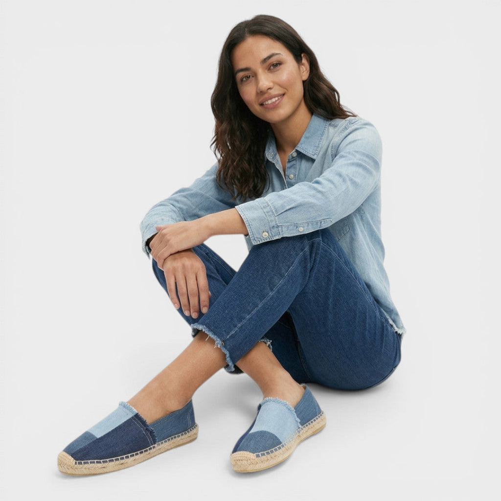 Women's Denim Slip-On Espadrilles with Fringe Detail