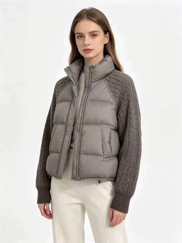 Women's Down Parka Jacket with Cable Knit Sleeves