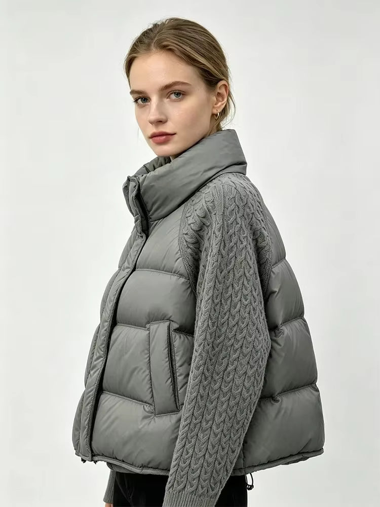 Women's Down Parka Jacket with Cable Knit Sleeves