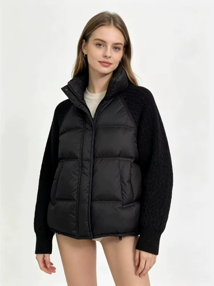 Women's Down Parka Jacket with Cable Knit Sleeves