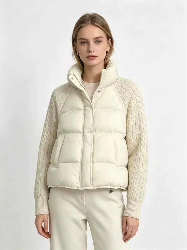 Women's Down Parka Jacket with Cable Knit Sleeves