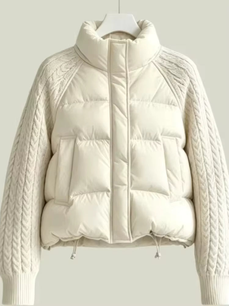 Women's Down Parka Jacket with Cable Knit Sleeves