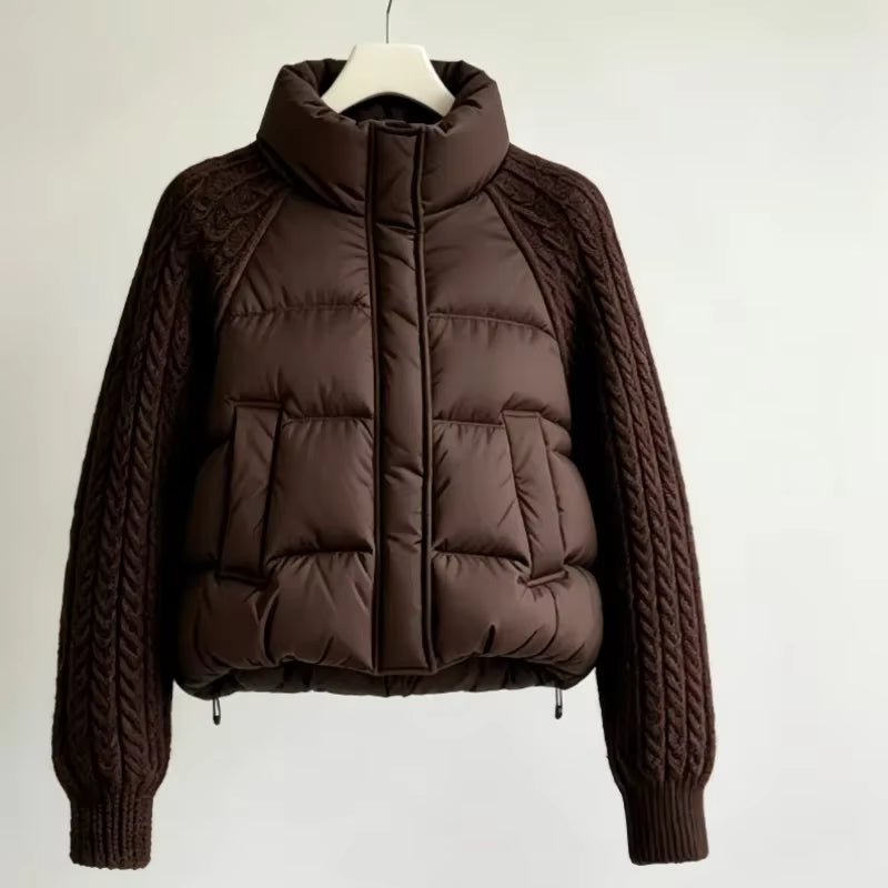Women's Down Parka Jacket with Cable Knit Sleeves
