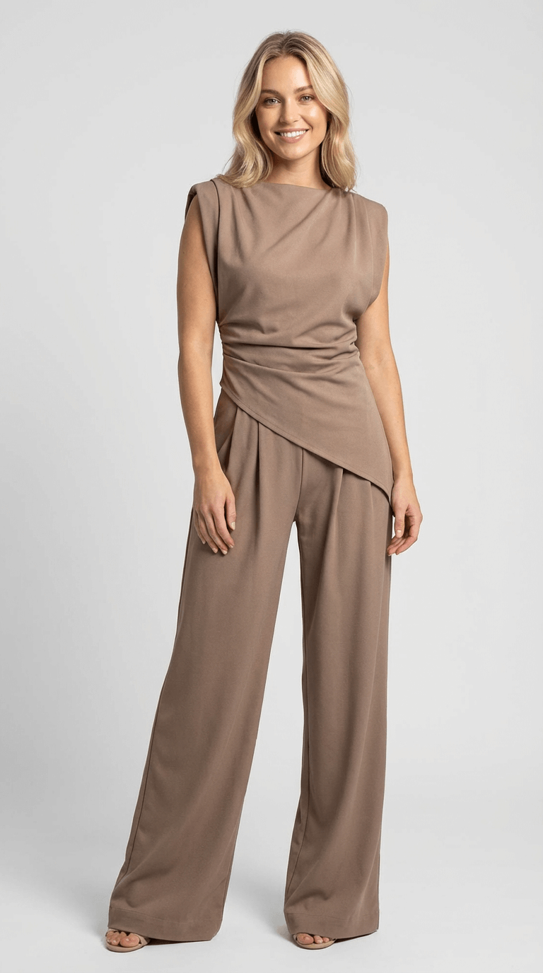 Women's Draped Two-Piece Set with Wide-Leg Trousers