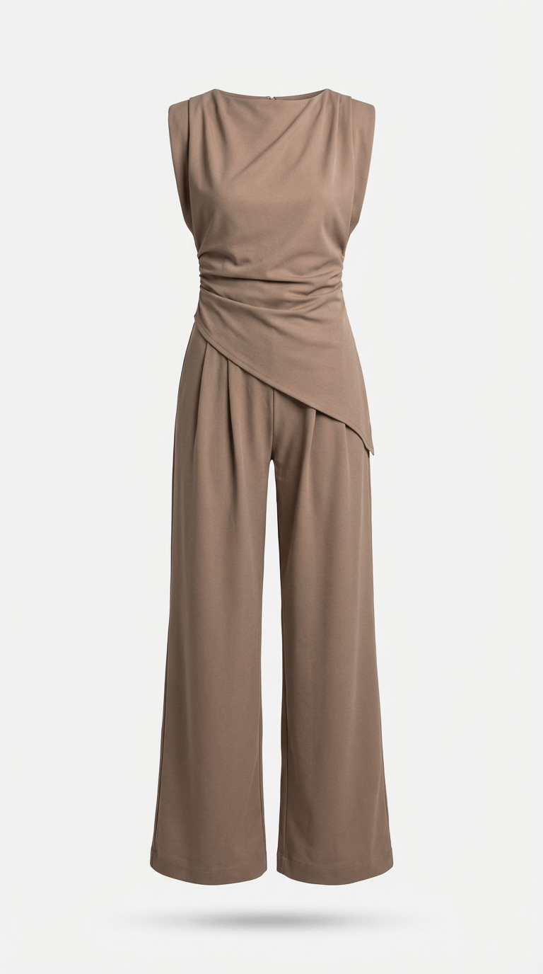 Women's Draped Two-Piece Set with Wide-Leg Trousers