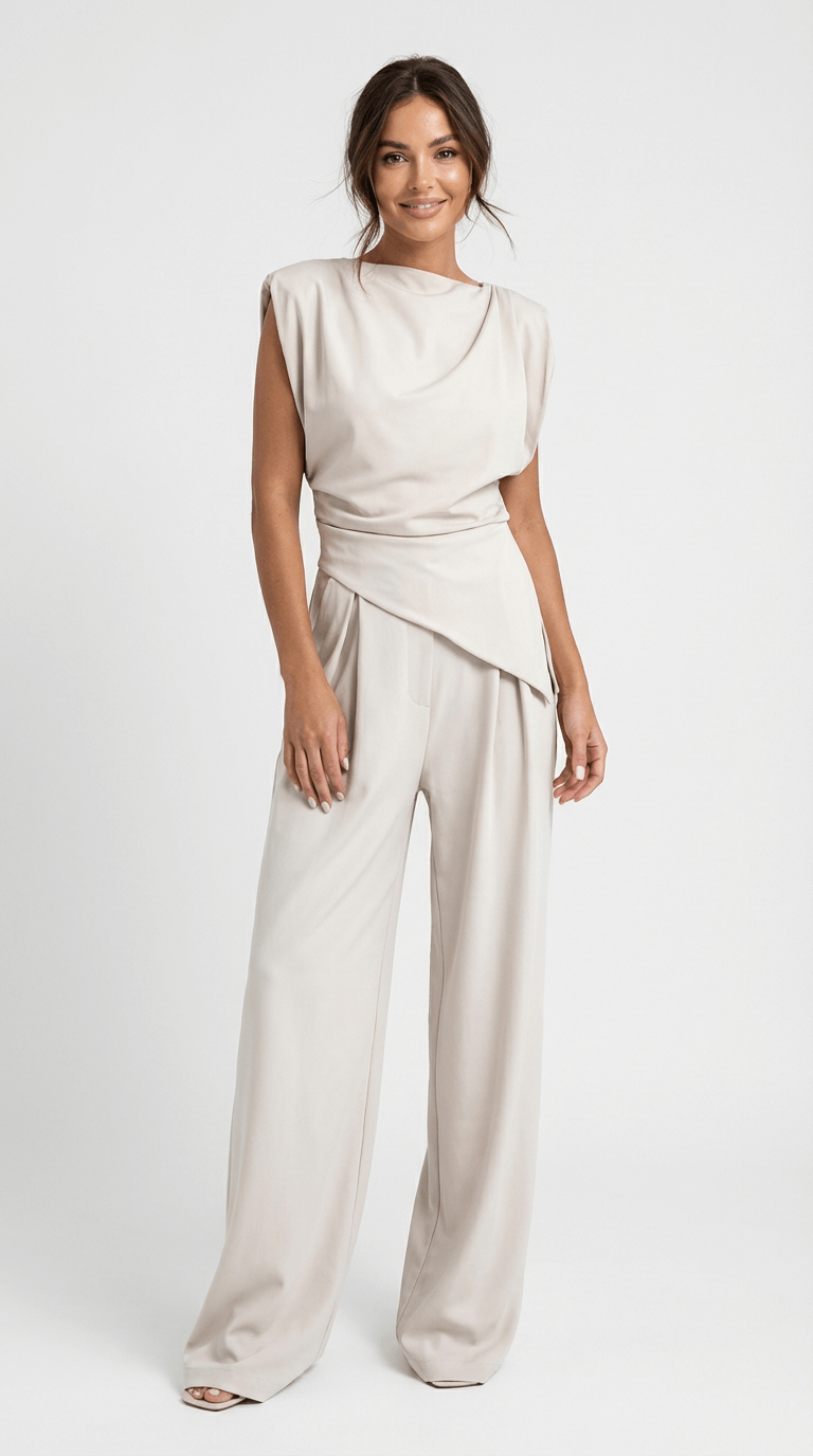 Women's Draped Two-Piece Set with Wide-Leg Trousers