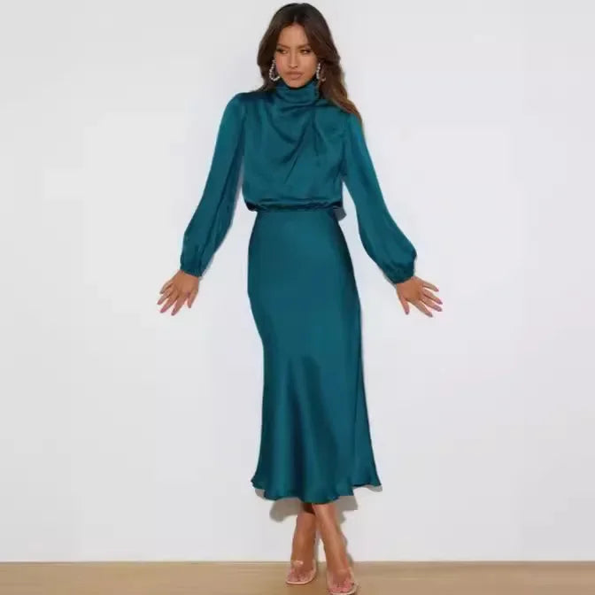 Women's Elegant Satin Long Sleeve Dress