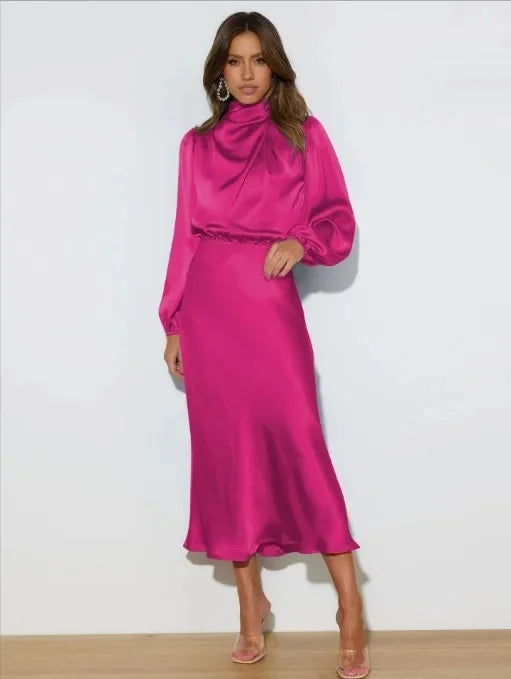 Women's Elegant Satin Long Sleeve Dress