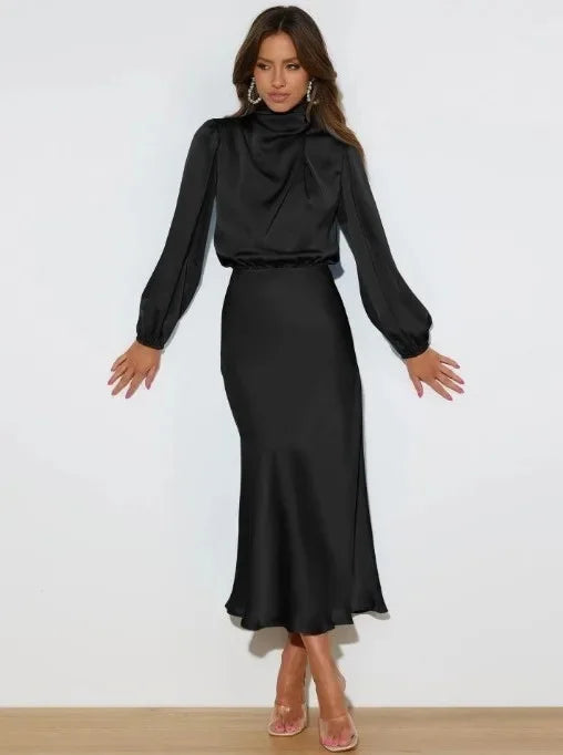 Women's Elegant Satin Long Sleeve Dress