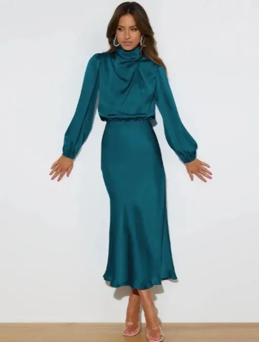 Women's Elegant Satin Long Sleeve Dress