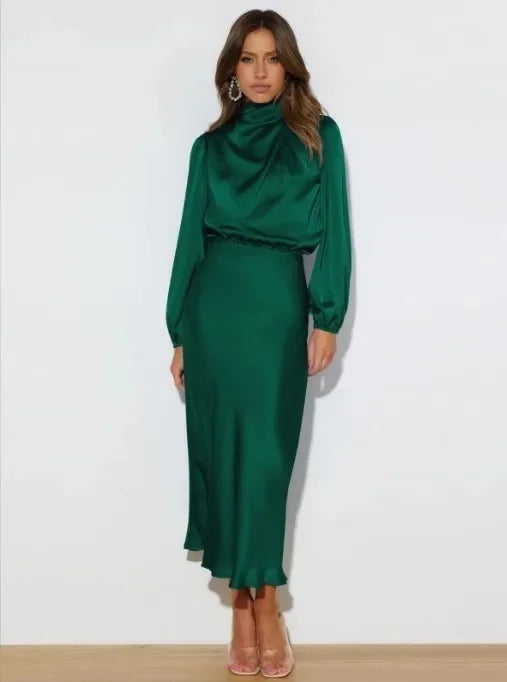 Women's Elegant Satin Long Sleeve Dress