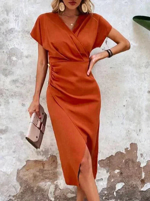 Womens Elegant Satin Midi Dress with V Neck and Slit