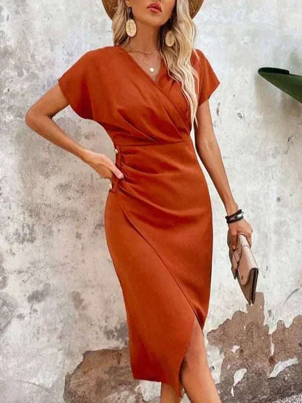 Womens Elegant Satin Midi Dress with V Neck and Slit