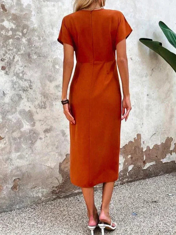 Womens Elegant Satin Midi Dress with V Neck and Slit