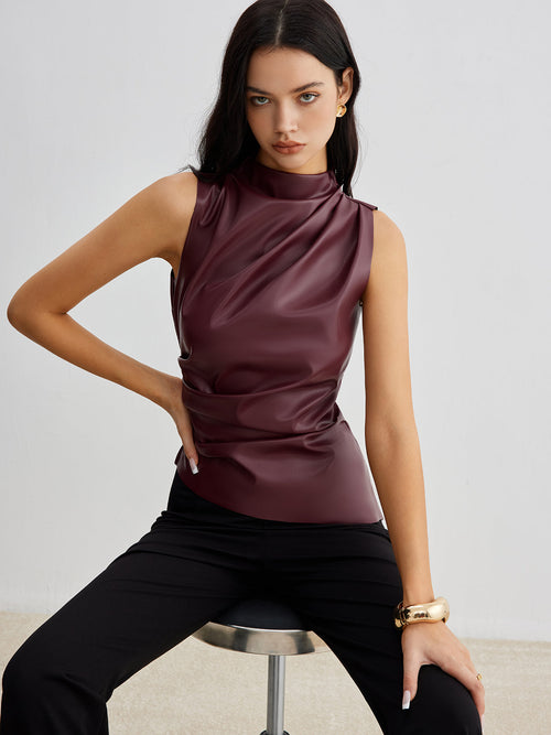 Women's Elegant Sleeveless Leather Drape Top