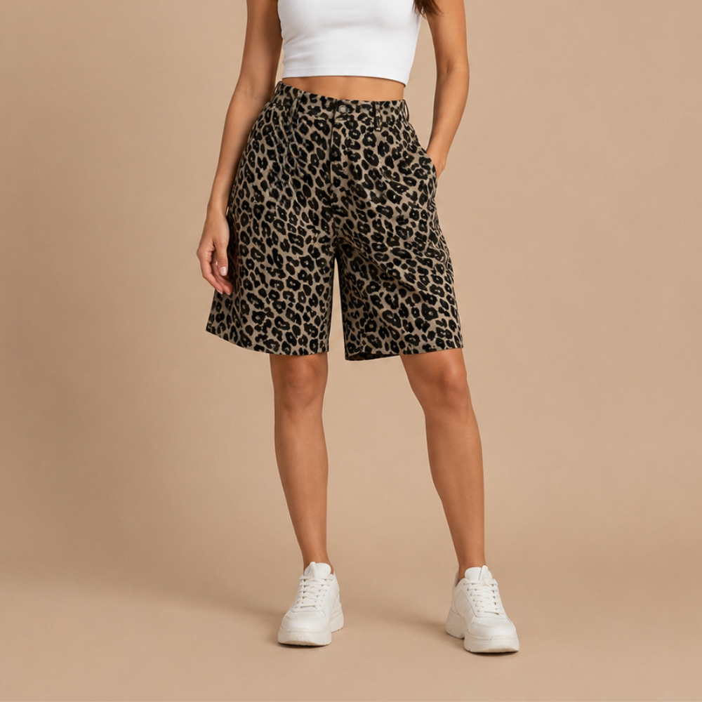 Women's High Waist Bermuda Shorts with Leopard Print
