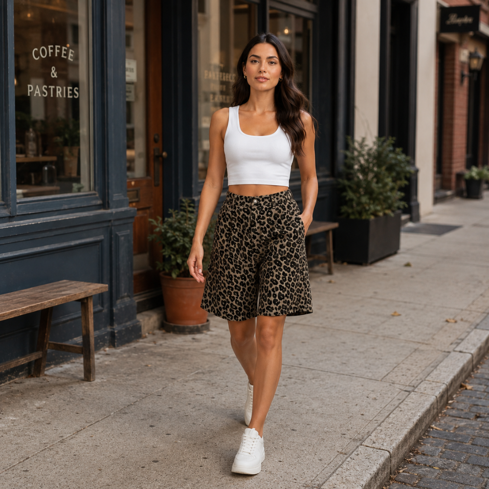 Women's High Waist Bermuda Shorts with Leopard Print