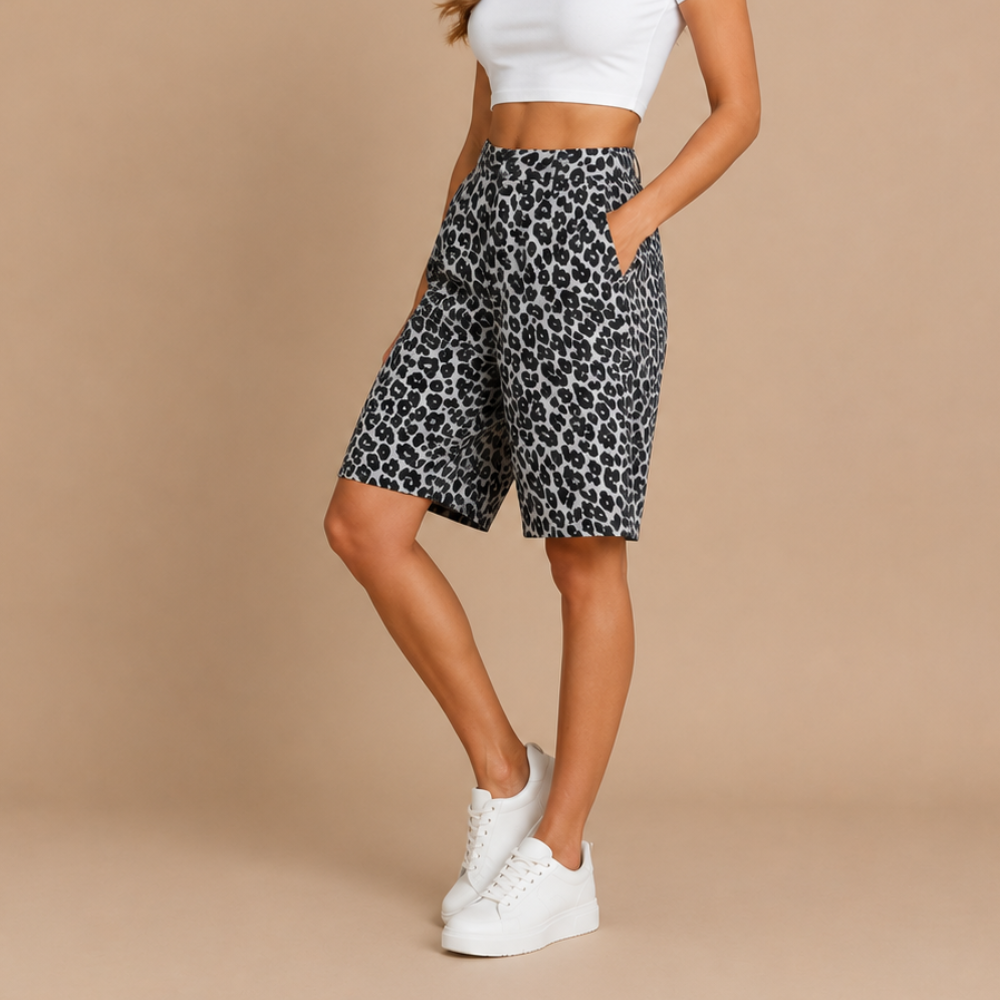 Women's High Waist Bermuda Shorts with Leopard Print