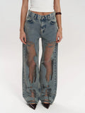 Women's High Waist Wide Leg Jeans with Mesh Panels