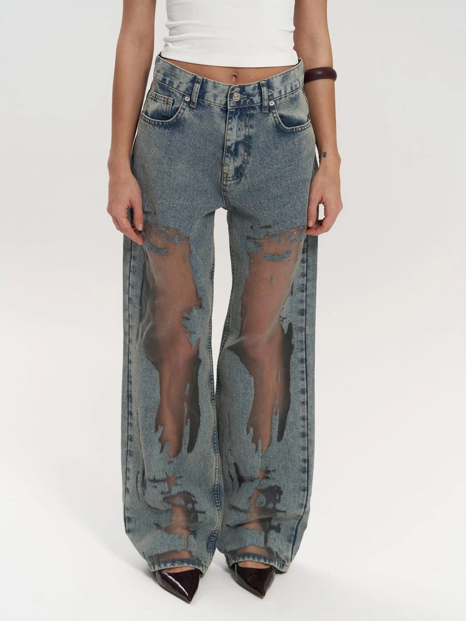 Women's High Waist Wide Leg Jeans with Mesh Panels