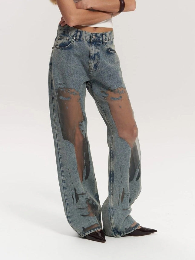 Women's High Waist Wide Leg Jeans with Mesh Panels
