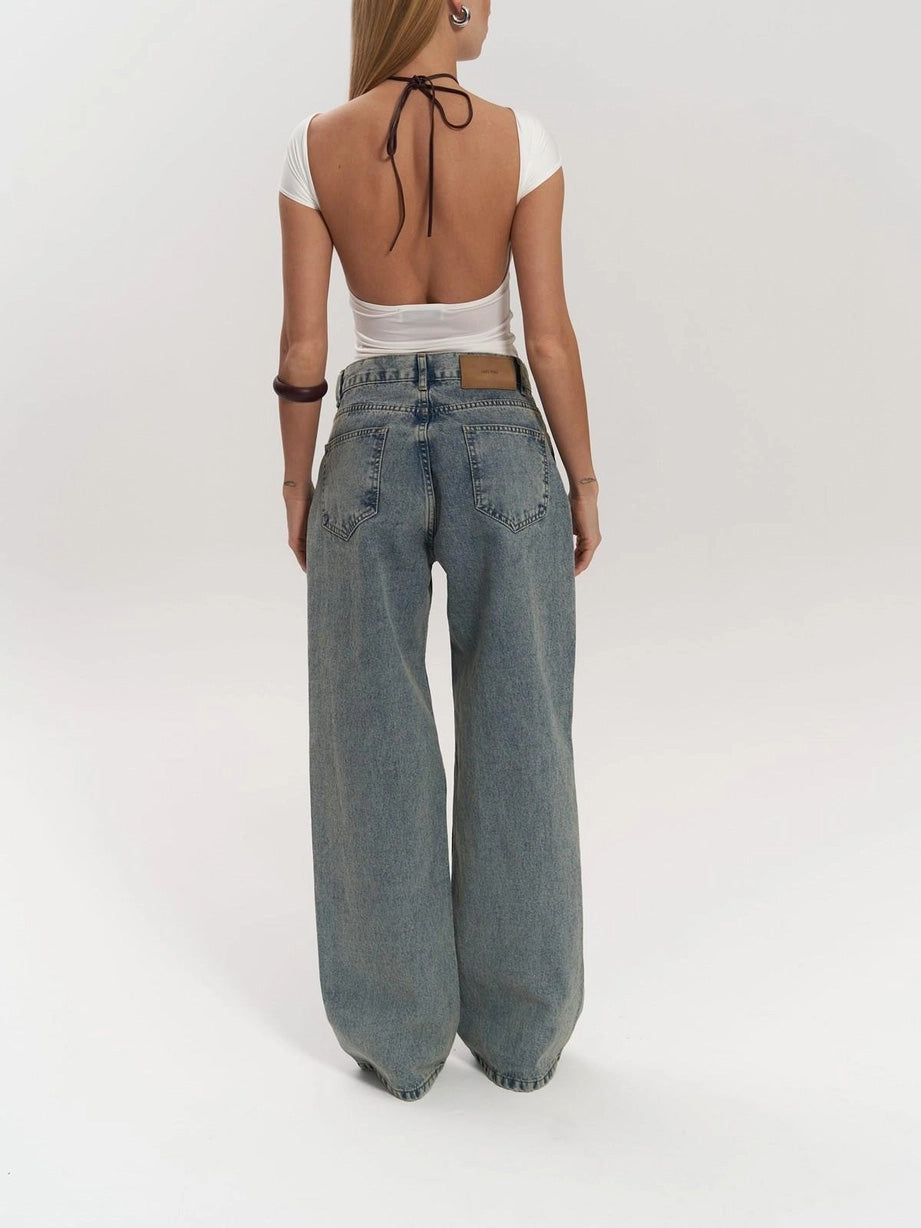 Women's High Waist Wide Leg Jeans with Mesh Panels