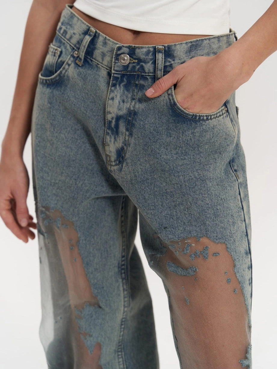 Women's High Waist Wide Leg Jeans with Mesh Panels
