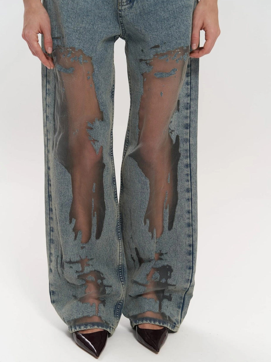Women's High Waist Wide Leg Jeans with Mesh Panels
