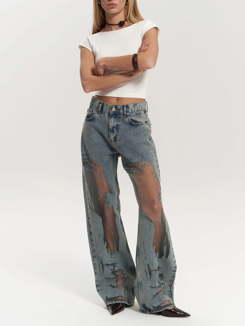 Women's High Waist Wide Leg Jeans with Mesh Panels