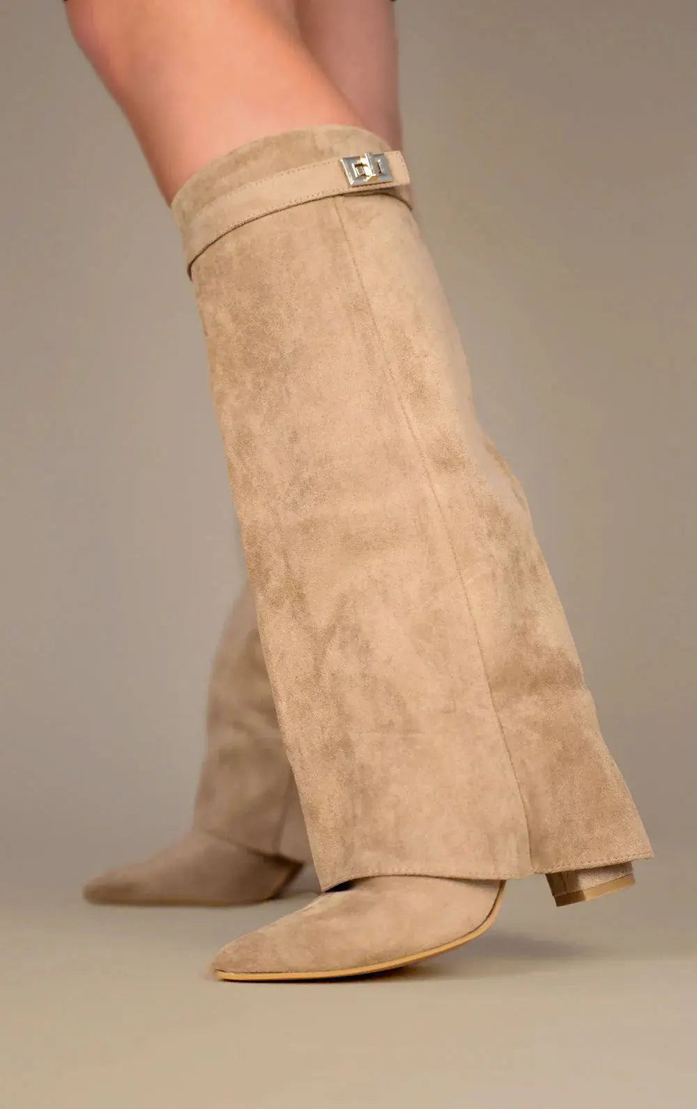 Women's Knee High Boots with Pointed Toe and Gold Buckle Detail