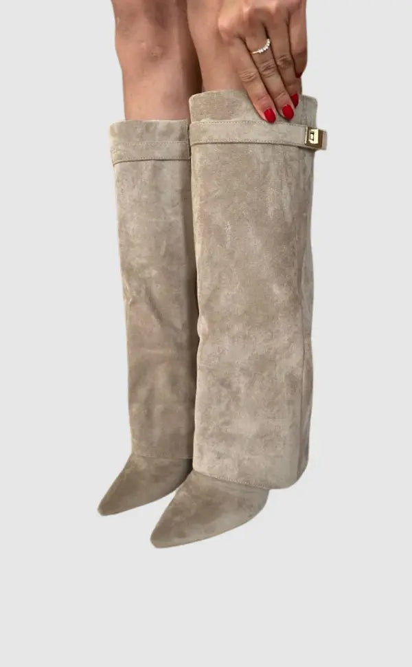 Women's Knee High Boots with Pointed Toe and Gold Buckle Detail