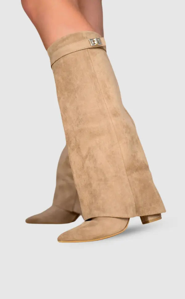 Women's Knee High Boots with Pointed Toe and Gold Buckle Detail