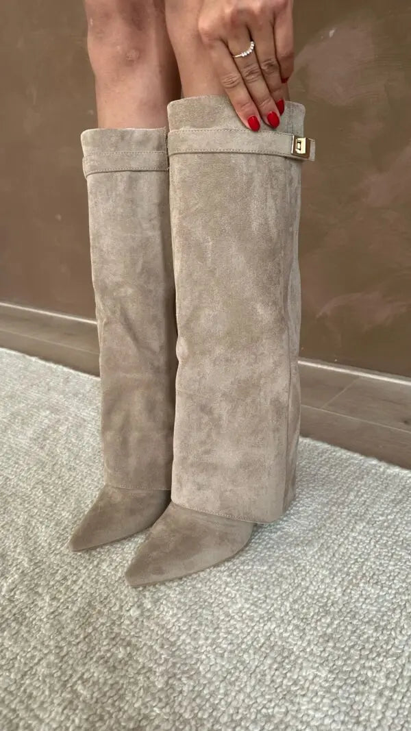 Women's Knee High Boots with Pointed Toe and Gold Buckle Detail