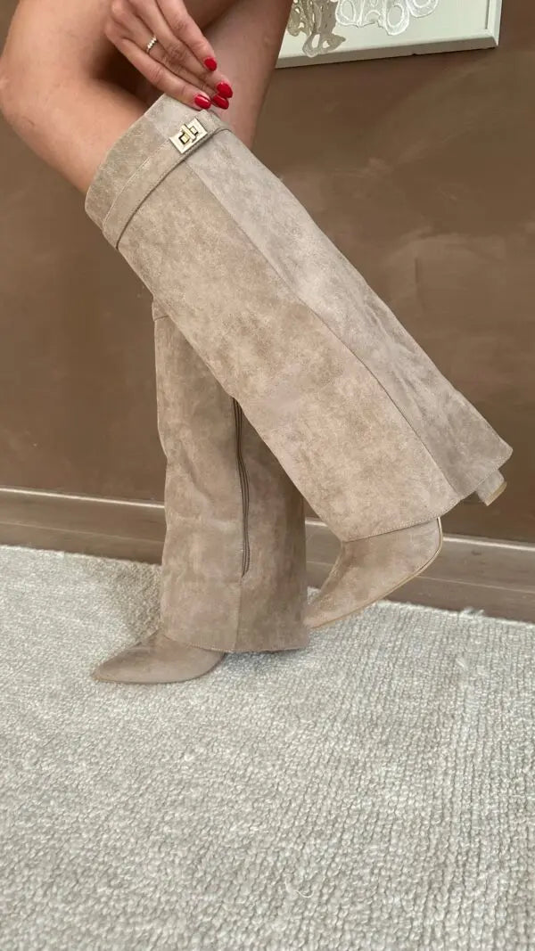 Women's Knee High Boots with Pointed Toe and Gold Buckle Detail