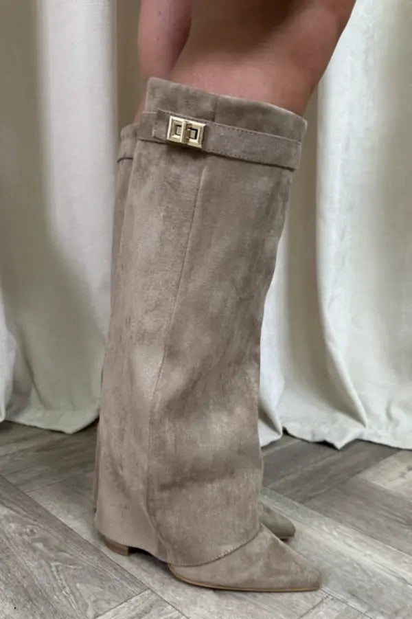 Women's Knee High Boots with Pointed Toe and Gold Buckle Detail
