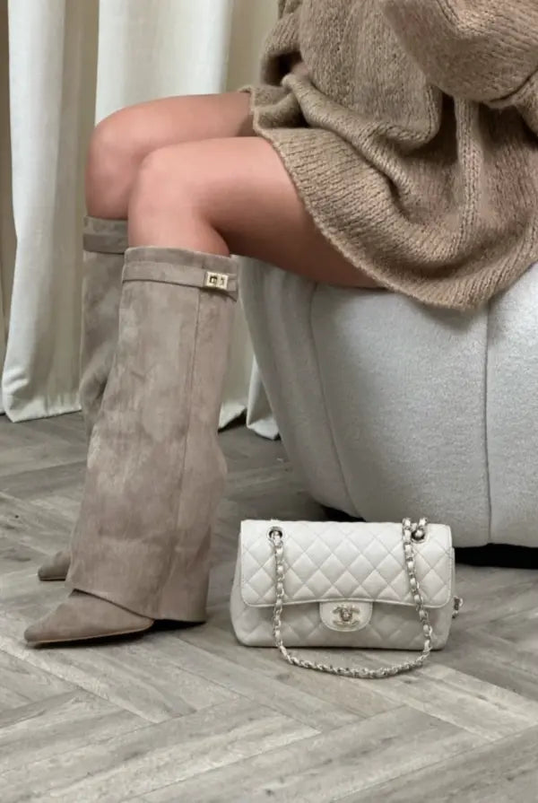 Women's Knee High Boots with Pointed Toe and Gold Buckle Detail