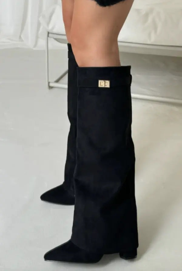 Women's Knee High Boots with Pointed Toe and Gold Buckle Detail