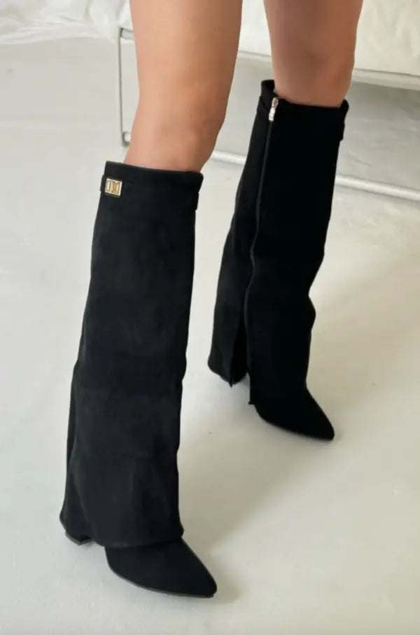 Women's Knee High Boots with Pointed Toe and Gold Buckle Detail