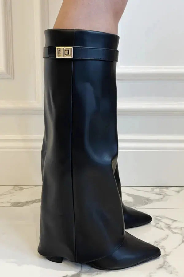Women's Knee High Boots with Pointed Toe and Gold Buckle Detail