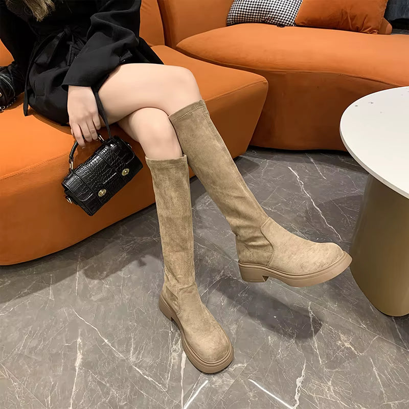 Women's Knee High Boots with Thick Heel in Velvet