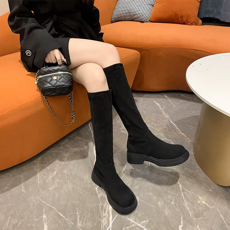Women's Knee High Boots with Thick Heel in Velvet