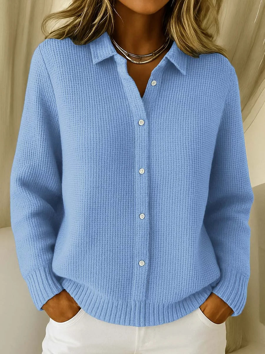 Women's Knitted Sweater with Collar and Long Sleeves