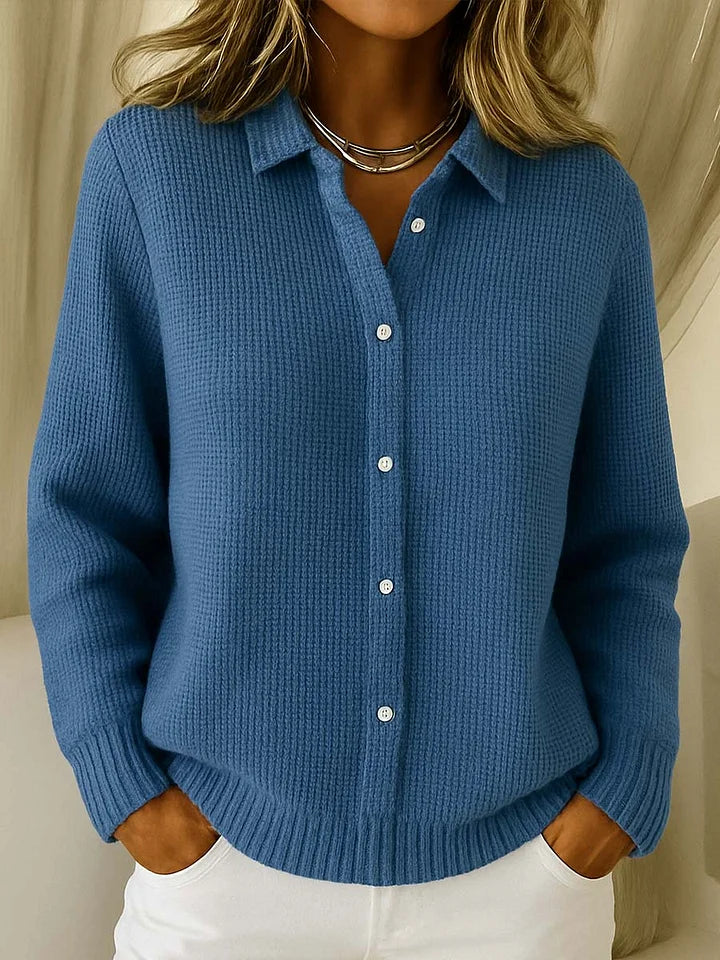 Women's Knitted Sweater with Collar and Long Sleeves