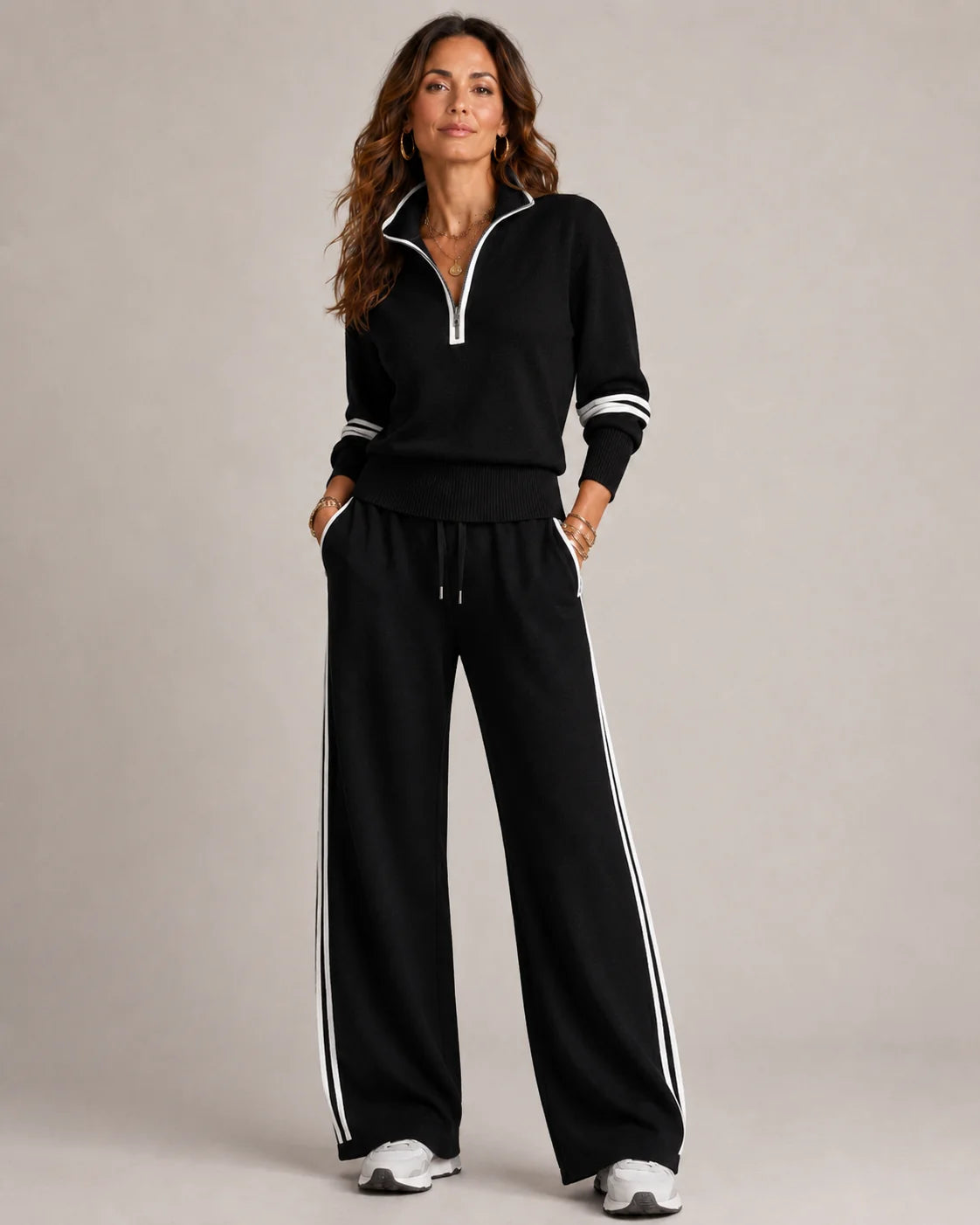 Women's Knitted Two-Piece Set with Quarter Zip